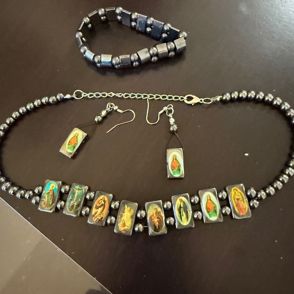 Religious Icon Hematite Bead Necklace and Earring Set - Black